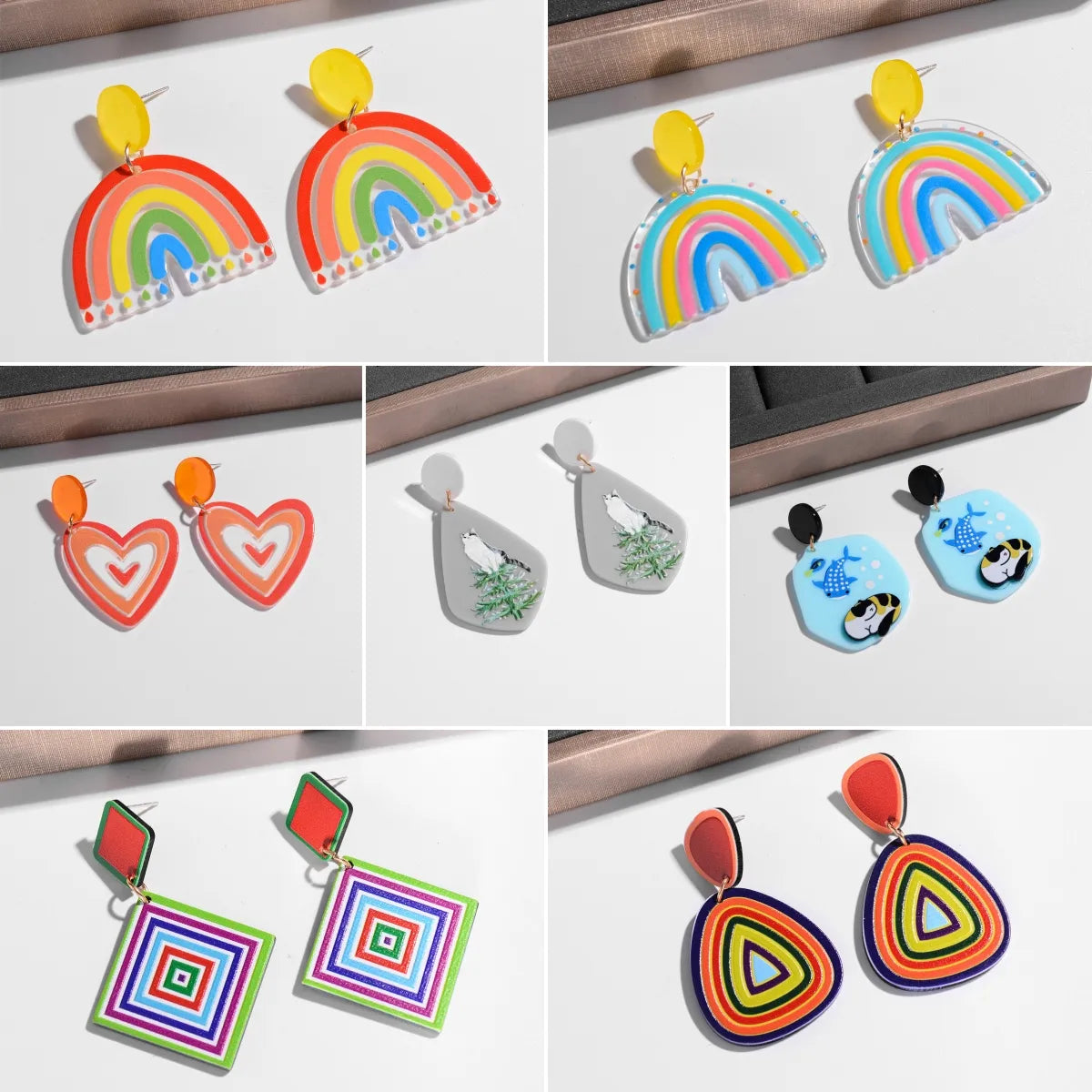 Shore wave earrings -1 Pair Ig Style Simple Style Rainbow Heart Shape Cat Painted Arylic Drop Earrings